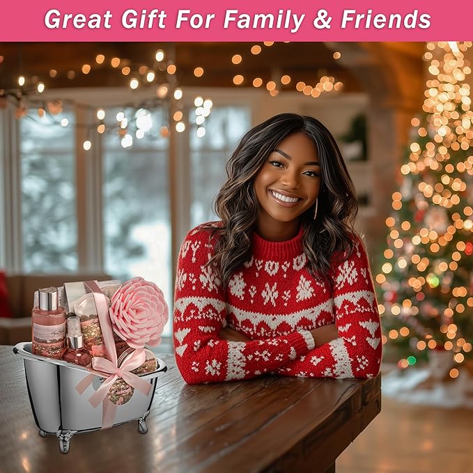 Spa Gift Baskets For Women - Luxury Bath Set With Rose Oil & Peony - Spa Kit Includes Body Wash, Bubble Bath, Lotion, Bath Salts, Body Scrub, Body Spray, Shower Puff, and Towel