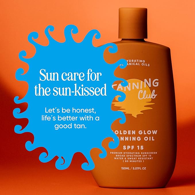 Tanning Club - Golden Glow Tanning Oil with SPF 15 - Lightweight Hydrating Sunscreen with Coconut, Carrot, and Shea Butter - Water and Sweat Resistant (80 Minutes) - 150 ml