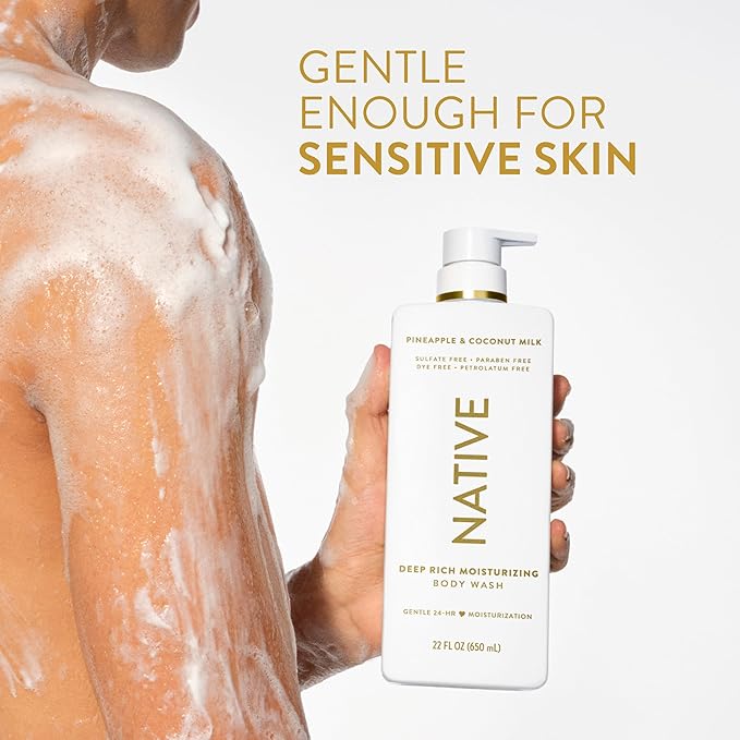 Native Moisturizing Body Wash, Pineapple & Coconut Milk, 24-Hour Hydration for Dry & Sensitive Skin, Made with Real Shea Butter, Sulfate & Paraben Free, 22 oz