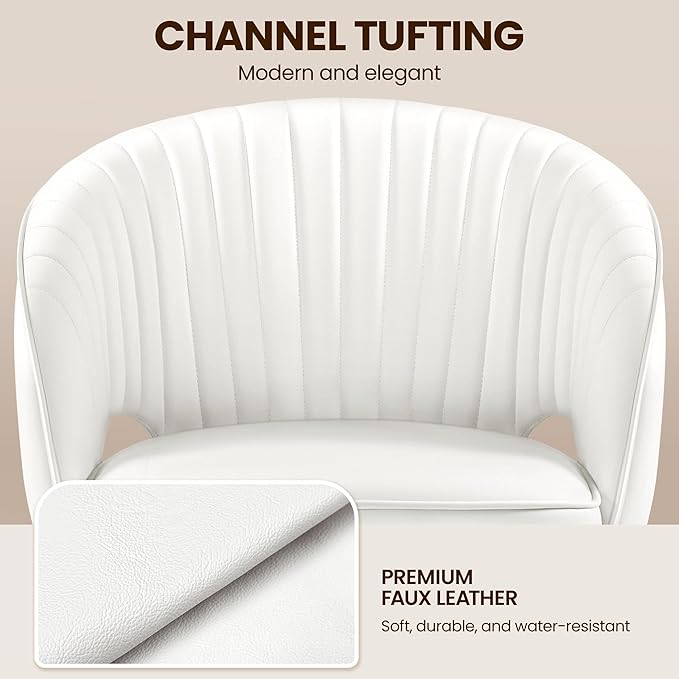 Yaheetech Home Office Chair, Faux Leather Desk Chair, Modern Swivel Chair with Tufted Barrel Back, Rolling Wheels for Office,Study, Vanity, Bedroom White