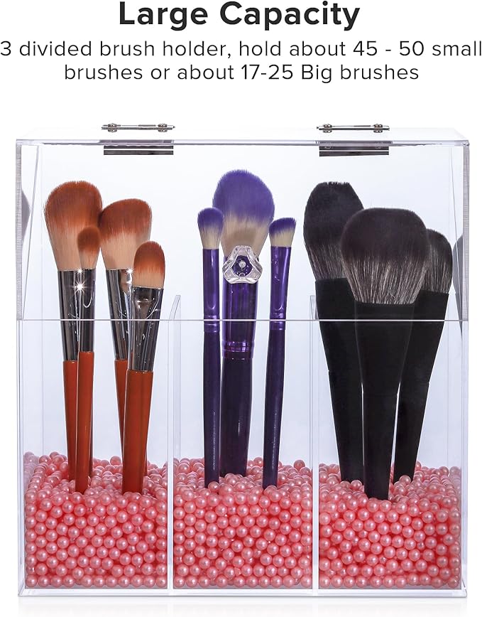 Acrylic Makeup Brush Holder with Lid - Clear Cosmetic Makeup Brush Organizer and Storage Box with Cover for Vanity - Large Capacity 3-Slots Container for Brushes (Clear)
