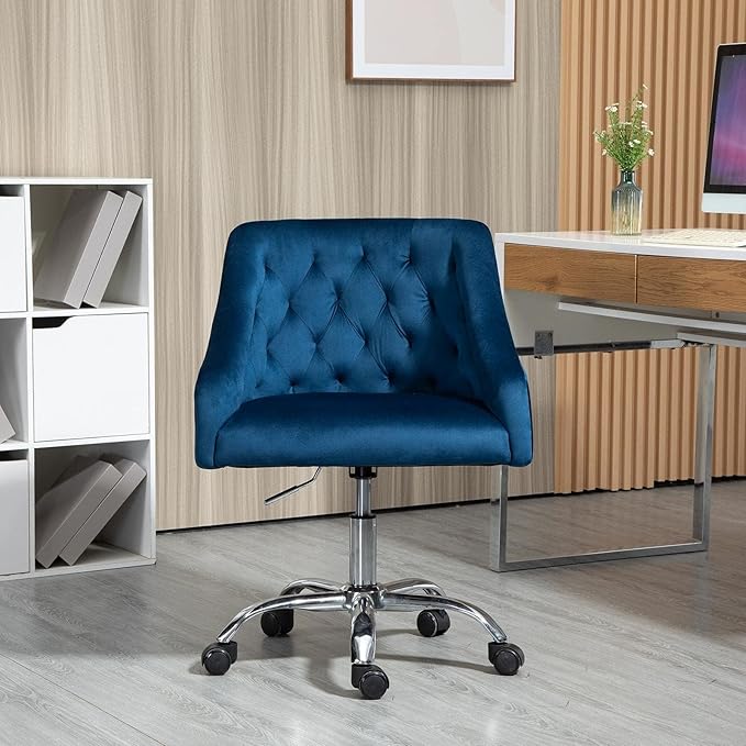 MOJAY Velvet Office Swivel Chair, Vanity Fabric Desk Pretty Fancy Gold Office Chairs for Girls, 360°Swivel Height Adjustable Reception Chair (Navyblue)