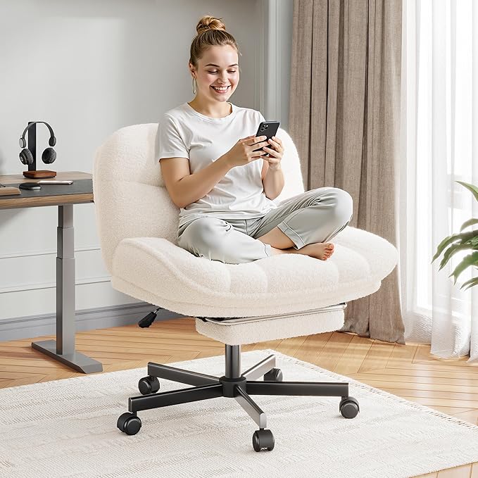 Cross Legged Office Chair with Foot Rest, 6.3" Thick Cushioned Criss Cross Chair with Wheels, Height Adjustable Swivel Vanity Chair for All-Day Comfort (White)
