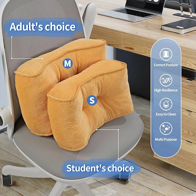 Lumbar Support Pillow for Office Chairs, Bite-Size Natural Latex Foam Back Support Pillow for Lower Back Pain Relief, Soft & Support Corduroy Desk Chair Cushion, M, Yellow