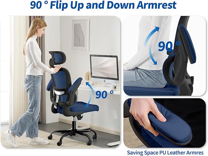 TRALT Ergonomic Office Chair - Desk Chair with Adjustable Headrest Lumbar Support Computer Chair - Mesh Comfy Chair with Flip-up Armrests - Gaming Chairs for Adults Home Office (Leather, Navy Blue)