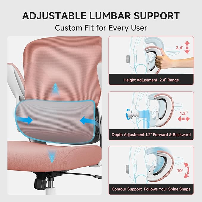 Mesh Office Chair, 330LBS Ergonomic Comfy Desk Chair with Adjustable Lumbar Support, Executive Computer Chairs for Home Office, Pink