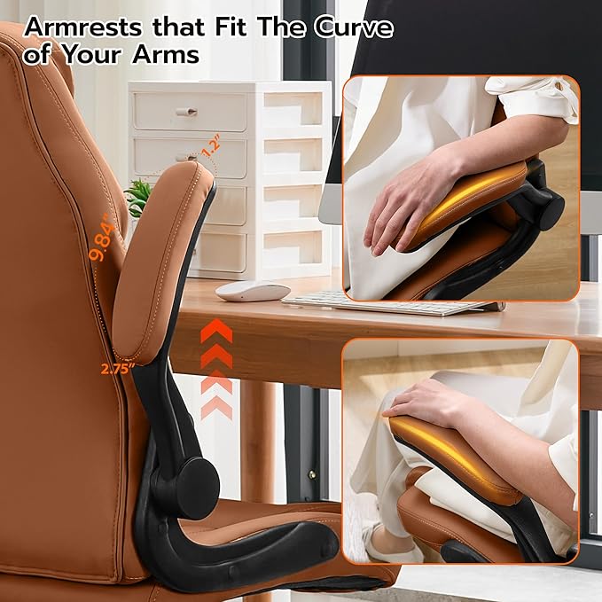 Office Desk Chair, Ergonomic Computer Chair with Padded Flip-Up Arms and Adjustable Lumbar Support, PU Leather Executive Chair with Tilt Lock and 360° Swivel Rolling Wheels for Work, Study