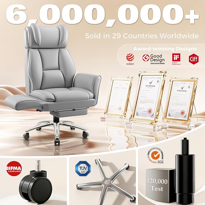 Big and Tall Office Chair, Flip Armrests for Pets & Cross Legged Sitting, Ergonomic Leather Executive Desk Chair with Foot Rest, High-Back Reclining Computer Chairs for Office Home Game - Grey