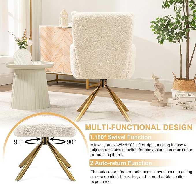 Kiztir Vanity Chair No Wheels Upholstered Teddy Vanity Chair with Back Gold Metal Criss Cross Home Office Desk Chair Boucle Accent Chair Modern Reading Chair Armchair for Living Room, Bedroom (Beige)