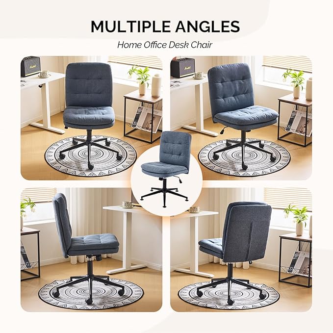 VINGLI Mid Back Armless Office Desk Chair with Wheels/no Wheels,360°Rocking Swivel Vanity Chair with Thickened Cushion,Adjustable Height Rolling for Reading Room, Make up, Linen Navy Blue