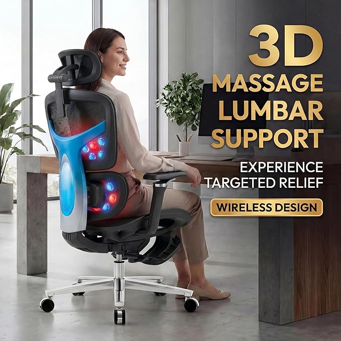 Ergonomic Office Chair with Footrest & Massage Lumbar Support – Adjustable Seat Depth & Back Height Reclining Big and Tall 400LBS Mesh Chair, 4D Headrest & 6D Armrests, for Home Office/Gaming (Black)
