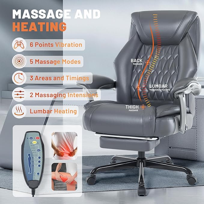 Massage Office Chair with Heating Function & Footrest, 6-Point Vibration, Ergonomic Executive Reclining Desk Chair with Padded Seat for Relaxation, Comfort & Stress Relief