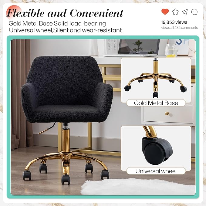 Faux Fur 360°Swivel Desk Chair, Modern Height Adjustable Home Office Armchair with Golden Base for Teens Women Girls, Upholstery Computer Chair for Home Studios, Sherpa & Black