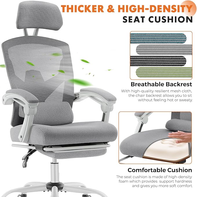 Sweetcrispy Office Computer Desk Chair with Footrest,Ergonomic High-Back Mesh Rolling Work Swivel Chairs with Wheels,Comfortable Lumbar Support,Comfy Arms for Home,Bedroom,Study,Student,Light Grey