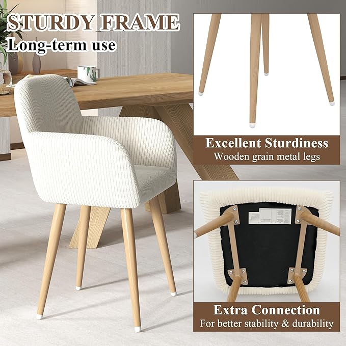Home Office Desk Chair Set of 1, Corduroy Fabric Vanity Chair for Makeup with Hollow Backrest, Comfy Armchair Wood Frame with Strudy Metal Legs, Beige