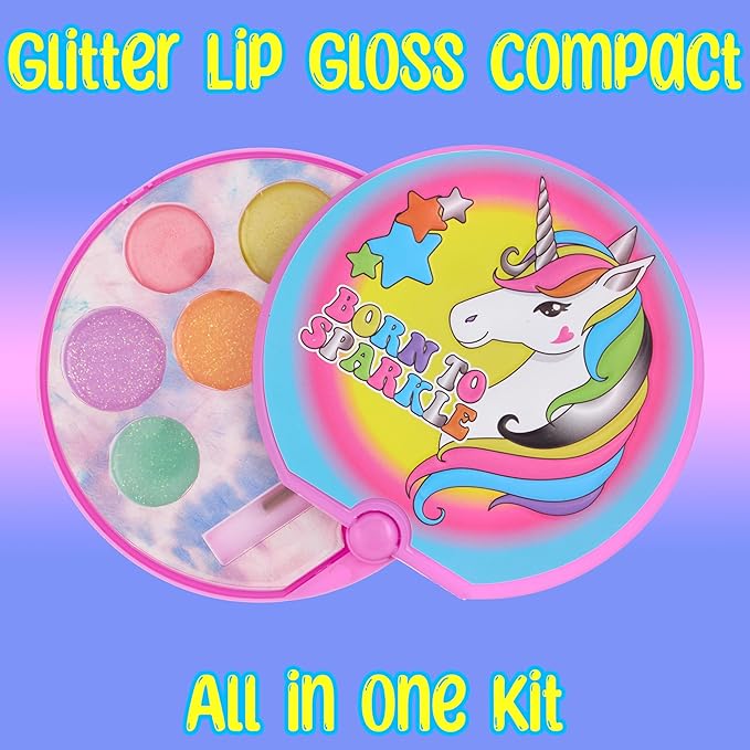 Girl Glitter Lip Balm Compact - Fruit Flavored Gloss Safe Non-Toxic Set Girls Gift, Kids Makeup Favor, Travel Size Cosmetic Assortment