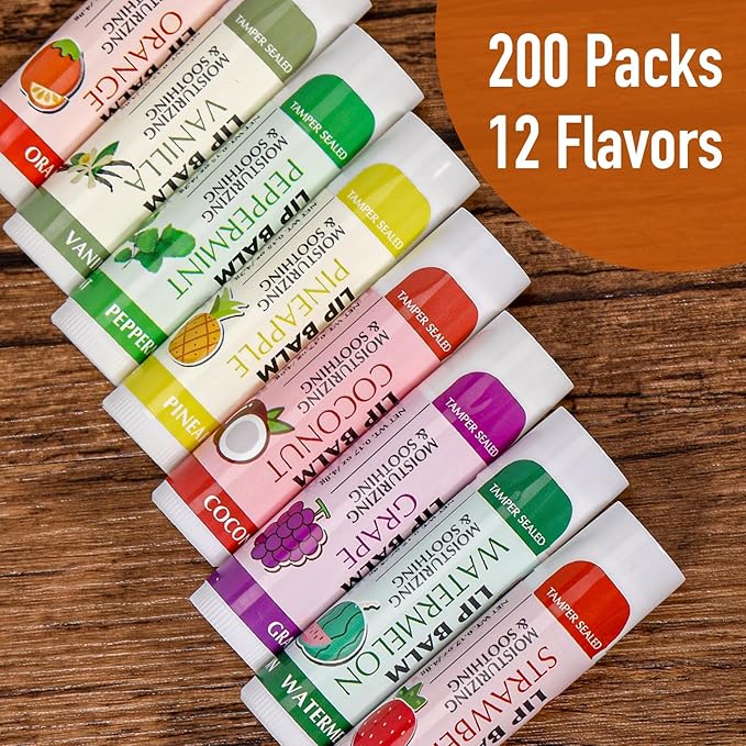 AZEN 200 Pack Lip Balm, Natural Lip Balm Bulk, Lip Care Product, Moisturizing Lip Balms for dry cracked lips, Valentines Gifts Easter Basket Stuffers - 12 Flavors