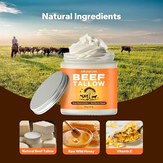 Beef Tallow for Skin (4 Oz), Beef Tallow for Face, Grass-Fed Tallow and Honey Balm, Organic Whipped Tallow Balm for Skin Care, Beef Tallow Moisturizer for All Skin Types (Unscented)