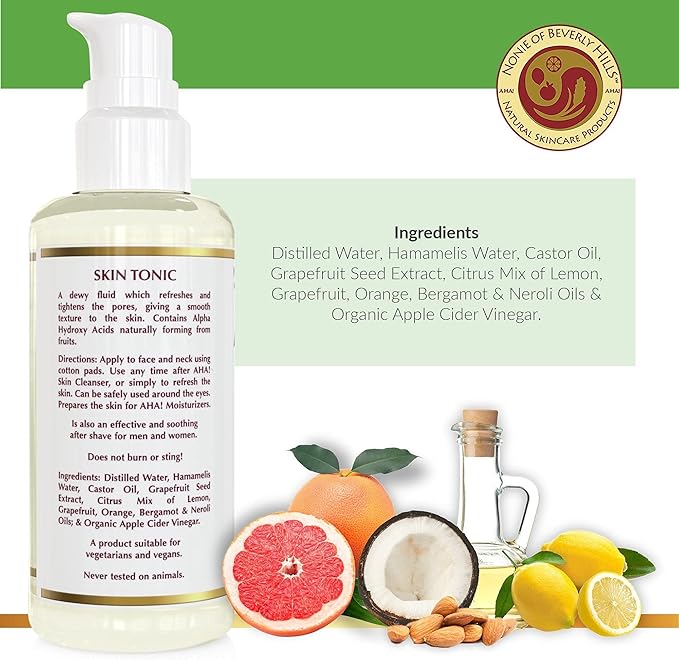 Nonie of Beverly Hills AHA Skin Tonic – All-Natural & Gentle Exfoliating Toner – 100% Vegan & Organic – with Apple Cider Vinegar, Grapefruit Seed Extract & Citrus Blend – Made in The USA