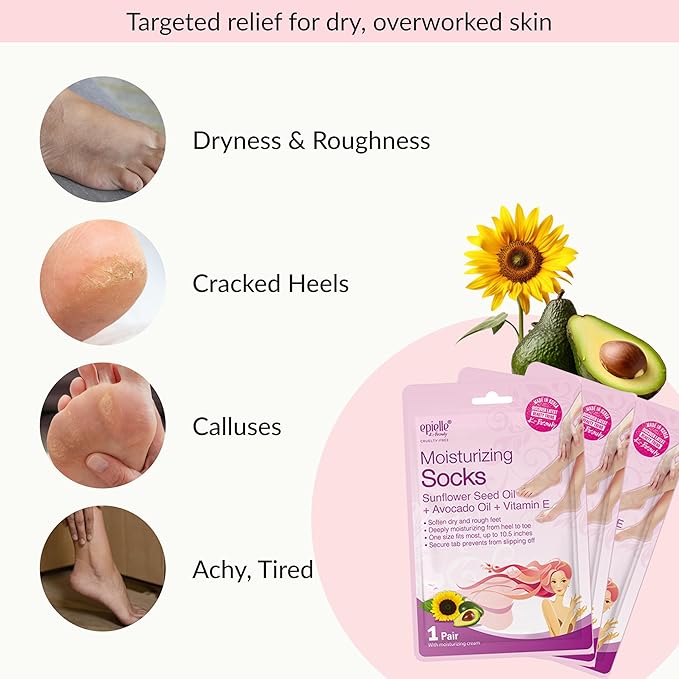 Epielle Moisturizing Foot Mask 6 Pairs, Soften with Sunflower Seed Oil & Vitamin E, Deep Moisturizing Socks for Dry, Cracked Feet, Self Care Gifts for Women, Spa Kit, Easter Basket Stuffers