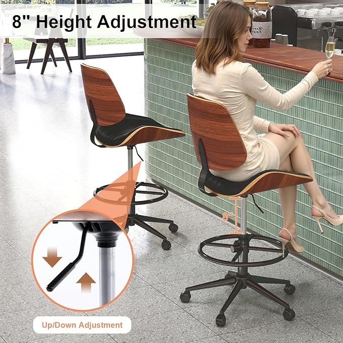 Drafting Chair, Ergonomic Office Chair with Walnut Wood Back Support, Armless PU Leather Desk Chair with Height-Adjustable, Thick Cushion for Home, Bar, Drafting, Office (Black)
