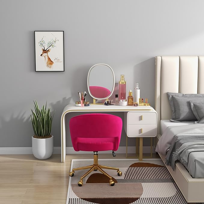 Westice Home Office Desk Chairs, Modern Velvet Rolling Chair, Height Adjustable Swivel Vanity Chair with Golden Base, Ergonomic Chair for Vanity Study, Living Room Computer Room, Hot Pink