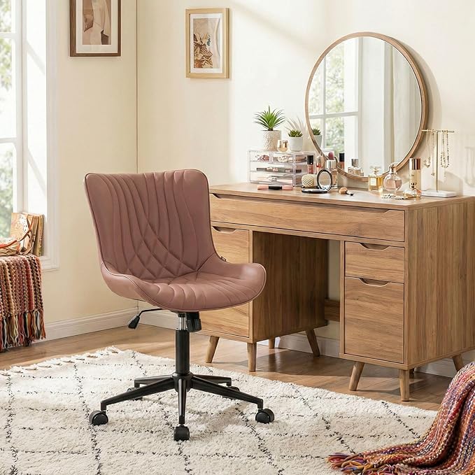 YOUNIKE Office Chair, Armless Desk Chair with Wheels, Adjustable Swivel Home Office Computer Task Chairs, Modern Faux Leather Upholstered Vanity Chair with Back, Dusty Rose