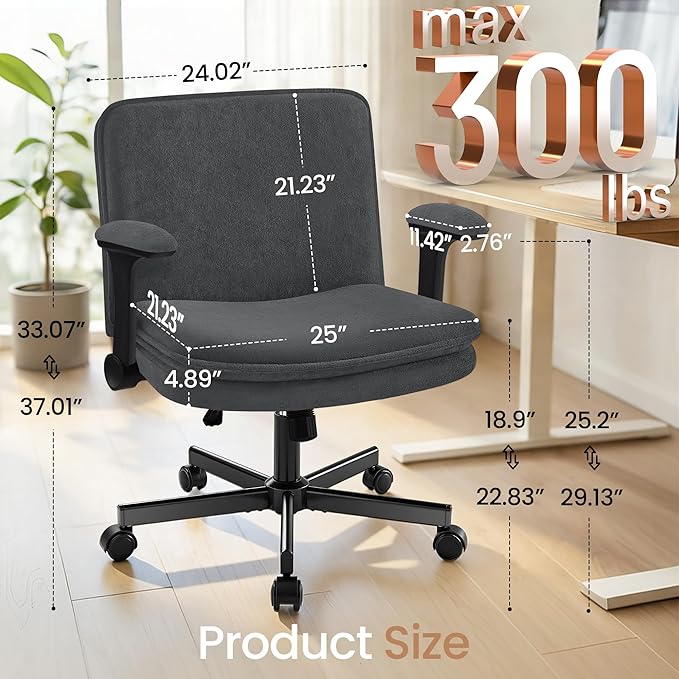 Criss Cross Office Chair with Wheels - Wide Seat Criss Cross Desk Chair with Flip-up Arms and Thick Cushion - Comfy Tilting Swivel Rolling Vanity Chair for Home Office Bedroom Apartment