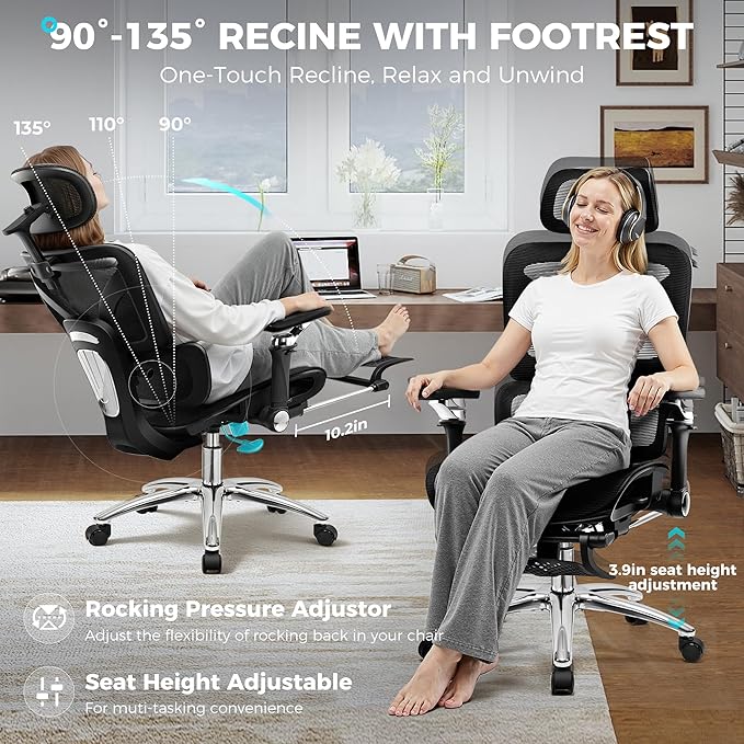 Ergonomic Office Chair with Footrest, Big and Tall Home Desk Chair, High Back Rolling Computer Chair with 5D Flip-Up Arms and Lumbar Support, Comfy Gaming Chair, Black-8 Pack