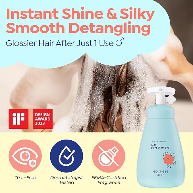 GOONGBE Kids' Detangling Shampoo - Silky Shine for Frizzy Tangle-Prone Hair – Silicone-Free Low pH with Silk Protein & Macadamia Oil – Tear-Free Tested, 25 Allergen-Free – Korean K-Beauty, 10.1 fl oz