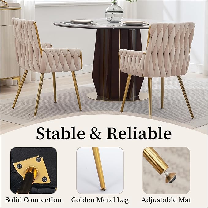 Westice Home Office Desk Chair 1PC, Upholstered Hand Weaving Desk Chairs with Golden Metal Legs & Armrest, Modern Accent Chairs for Dining Room, Living Room, Kitchen, Vanity, Beige