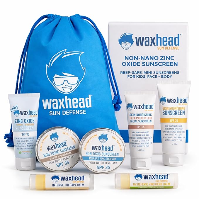 Waxhead Travel Size Sunscreen Sampler Box - Non-Nano Zinc Oxide, Coral Reef Safe, Biodegradable Sunblock SPF 30. Lip Balms, Solid Mini Paste Tins (.5oz) Tinted, Baby + Everyday (1oz) in Canvas Bag
