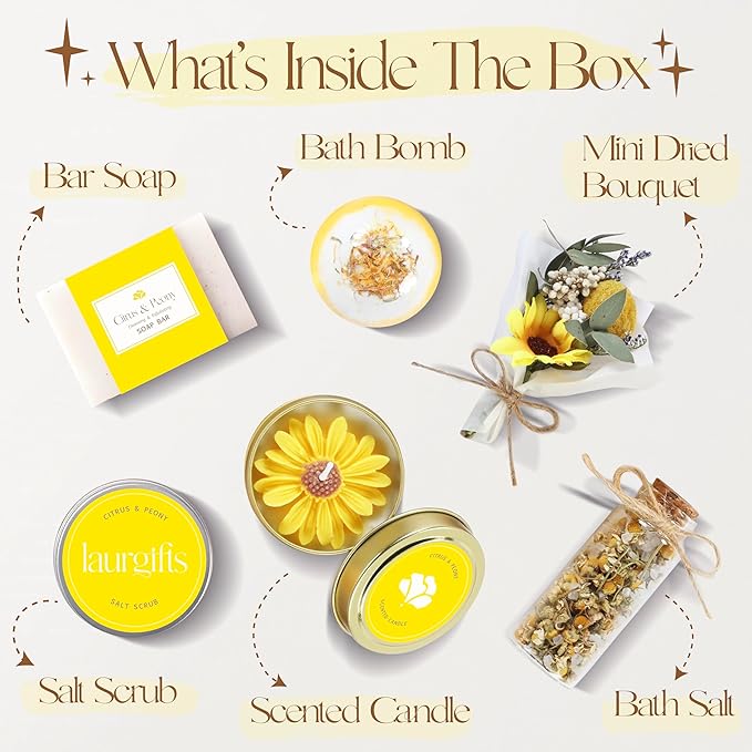 Birthday Gifts for Women – Yellow Sunshine Spa Gift Box, Luxury Bath & Self Care Package with Citrus & Peony Scent for Mom, Sister or Friend