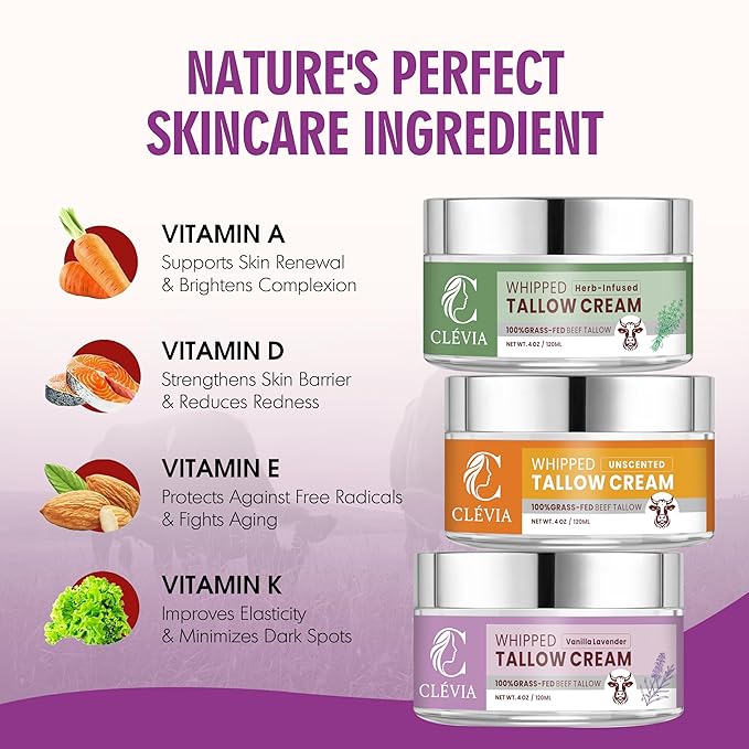 100% Grass-Fed Whipped Tallow Cream - 4 OZ Anti-Wrinkle Face+Body Balm – Organic Beef Tallow with Jojoba Oil – Deep Hydration for Dry, Sensitive & Irritated Skin (Herb-Infused)