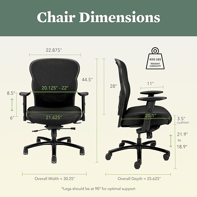 HON Wave Big and Tall Office Chair with Adjustable Arms, 450 lbs Capacity, Ergonomic, Breathable Mesh Desk Chair with Wheels, 360° Swivel, Heavy Duty Tilt Recline, Black