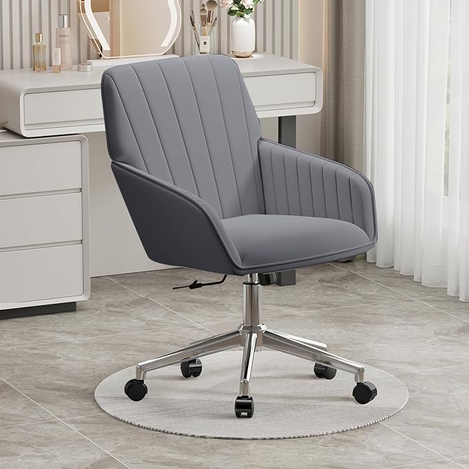 YISHENG Velvet Office Desk Chair with Silver Base, with Wheels,Modern Height Adjustable 360 Degree Swivel Upholstered Vanity Chairs with Arms for Living Room Bedroom,Gray