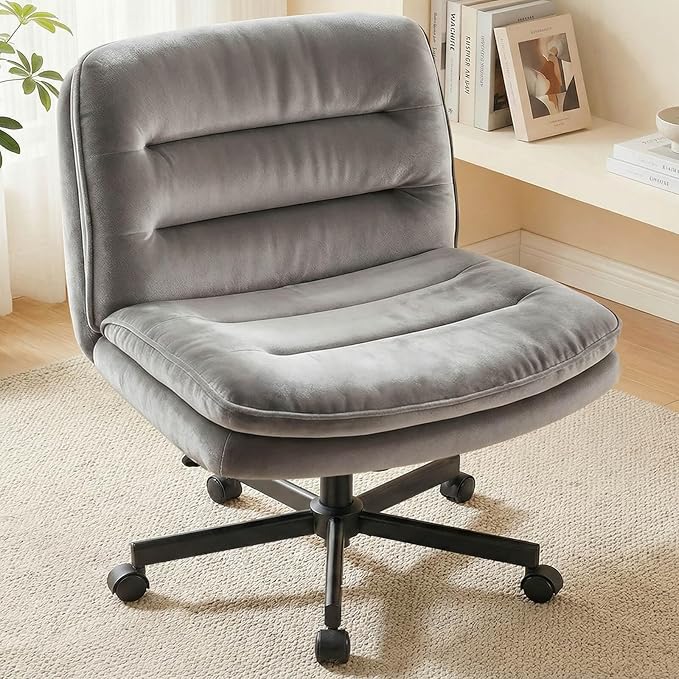 COMHOMA Criss Cross Office Chair with Wheels Armless Desk Chair Comfy, Modern Vanity Chair for Home Bedroom, Comfortable Wide Seat for Lower Back Pain Relief, Soft Velvet, Gray