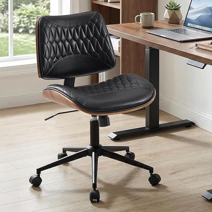 Walnut Bentwood Mid Back Armless Office Chair 1 Pack, Adjustable Height PU Leather Swivel Desk Chair with Wheels, Rolling Computer Task Chair for Home Office, Study, Meeting Room