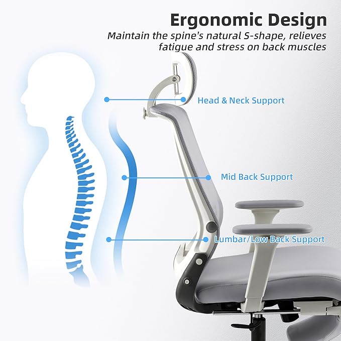 Foldable Office Chair with Foot Rest, Ergonomic Office Chair with Adjustable Lumbar Support, Headrest, Armrest, Home Office Desk Chairs for Space Saving, Grey