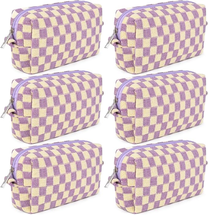 SOIDRAM Checkered Makeup Bag Preppy Cosmetic Bag Bulk Purple Makeup Pouch Personalize Travel Toiletry Bag Organizer Cute DIY Makeup Brushes Storage Bag for Women