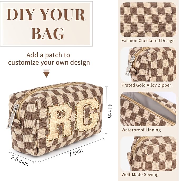 SOIDRAM Checkered Makeup Bag Preppy Cosmetic Bag Bulk Brown Makeup Pouch Personalize Travel Toiletry Bag Organizer Cute DIY Makeup Brushes Storage Bag for Women