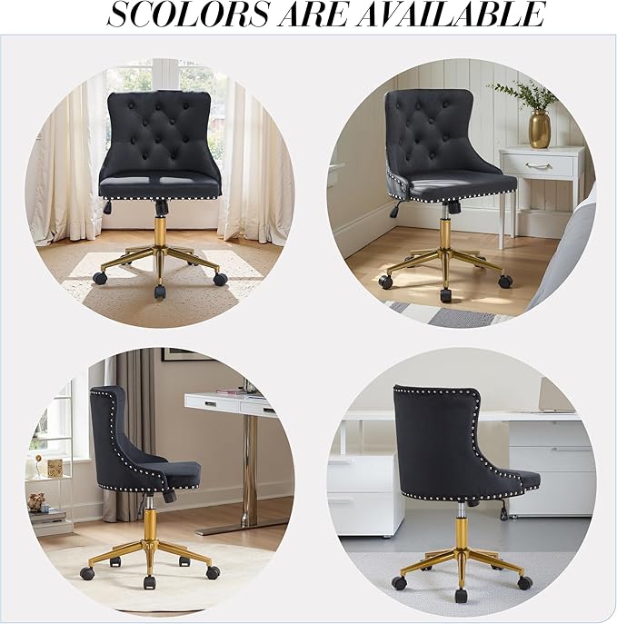 Velvet Armless Home Office Desk Chair, Swivel Height-Adjustable Small Cute Vanity Chair for Women/Girls, Comfy Makeup Chair with Rivet and Gold Base for Living Room, Bedroom(Black)