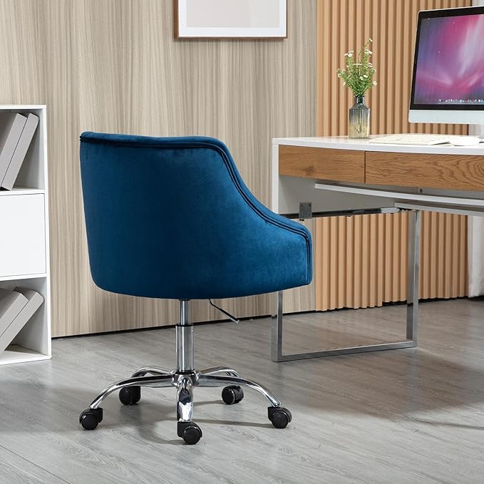 MOJAY Velvet Office Swivel Chair, Vanity Fabric Desk Pretty Fancy Gold Office Chairs for Girls, 360°Swivel Height Adjustable Reception Chair (Navyblue)
