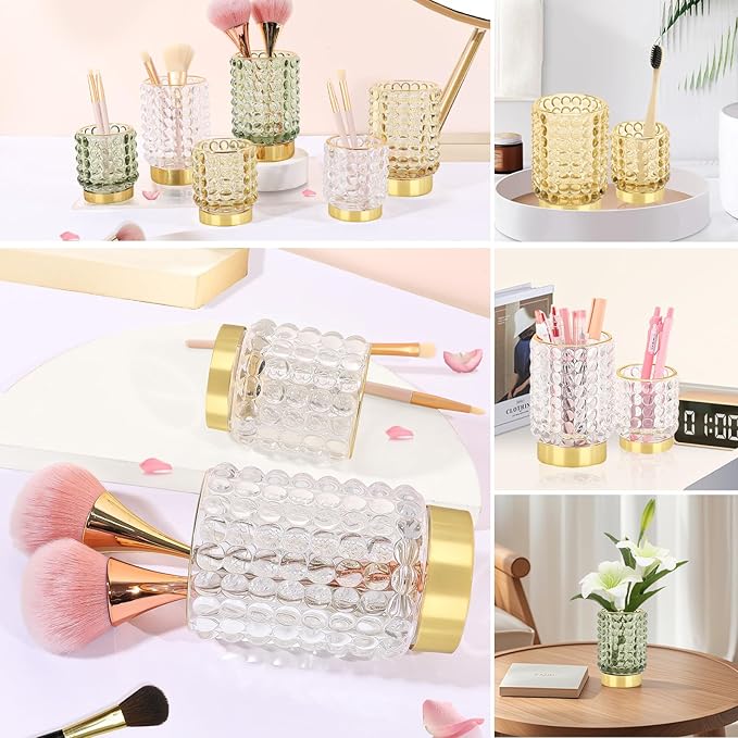 DASITON Makeup Brush Holder Organizer, Crystal Cosmetic Make Up Brush Holder, Glass Makeup Brushes Storage Organizer, Vintage Make Up Cup Desk Pen Pencil Holder, Toothbrush Holders (Clear S+L)