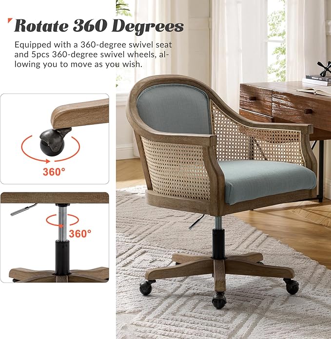 HULALA HOME Rattan Desk Chair, Upholstered Home Office Chair, Vintage Office Chair with Armrest, Adjustable Swivel Rolling Height Task Chair for Living Room Bedroom Study Room, Blue