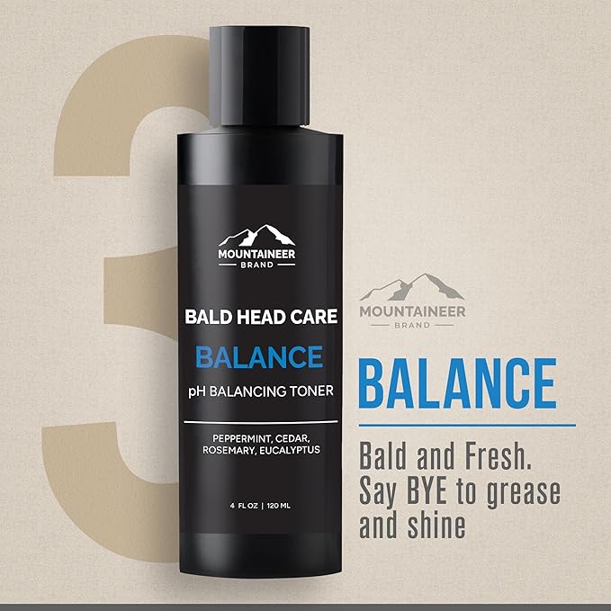Mountaineer Brand Bald Head Care Gifts For Bald Men | All Natural 4 Step Daily Skin Care for Healthy Scalp & Face | Exfoliate Scrub | Cleanse Wash | Shine Away PH Balance | Protect Moisturizing Balm