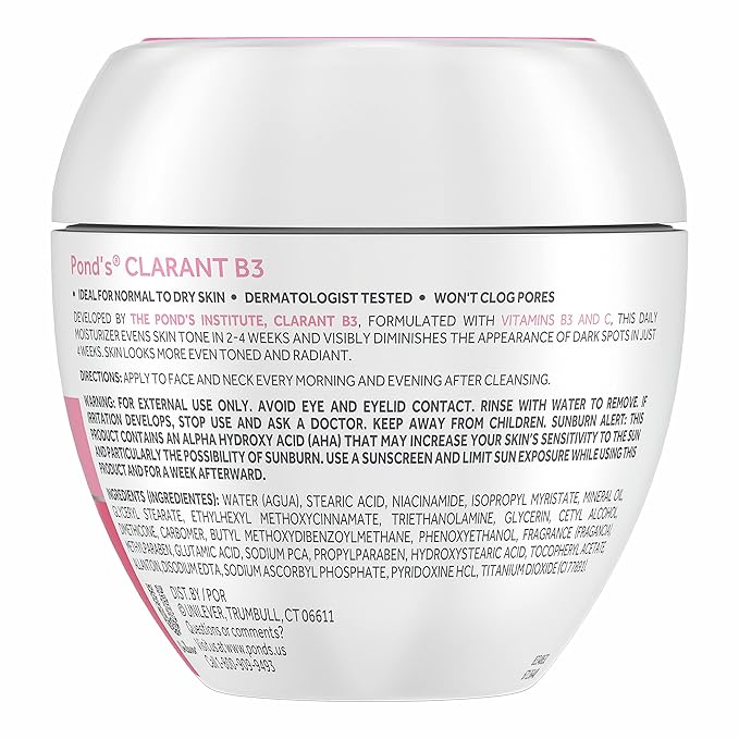 POND'S Clarant B3 Dark Spot Correcting Cream – Daily Moisturizer for Dry Skin – Moisturizing Face Cream with Vitamins B3 & C-– Dermatologist Tested,7 oz,(Pack of 4)