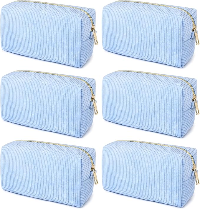 SOIDRAM 6PCS Bridesmaid Proposal Gifts Corduroy Blue makeup bag bulk for Wedding Party Favors Bachelorette party decorations Toiletry Organizer Bag Cosmetic Case Gift
