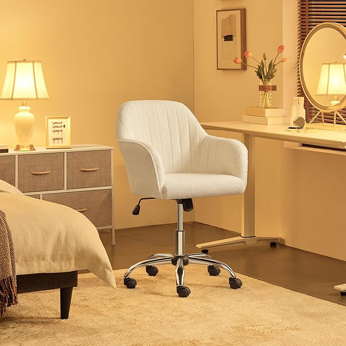 Yaheetech Boucle Desk Vanity Chair with Back Comfy Office Rolling Chair with Wheels Ergonomic Height Adjustable Swivel Modern Accent Armchair for Bedroom Ivory