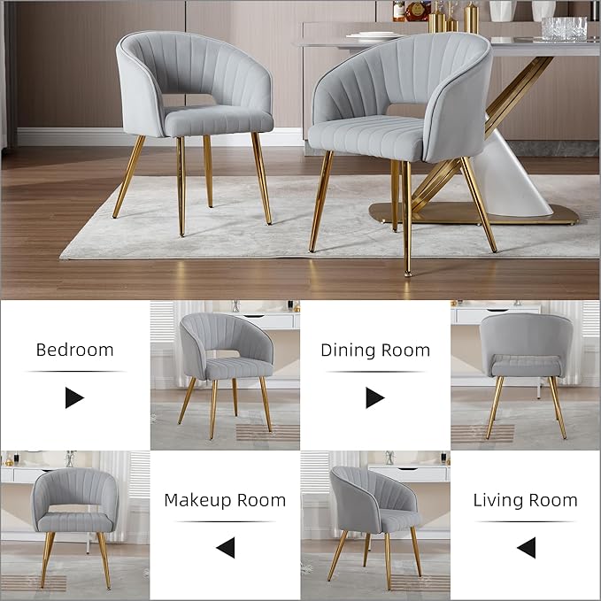 ABET Desk Chair with No Wheels, Velvet Home Office Armchair Gold Legs, Upholstered Modern Accent Chairs, Side Chair for Living Room Bedroom Vanity, Grey